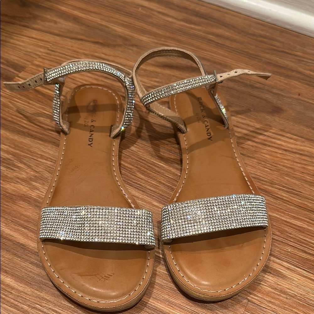 Rock & Candy Tan and Silver Sandals with Rhinestone Embellishments